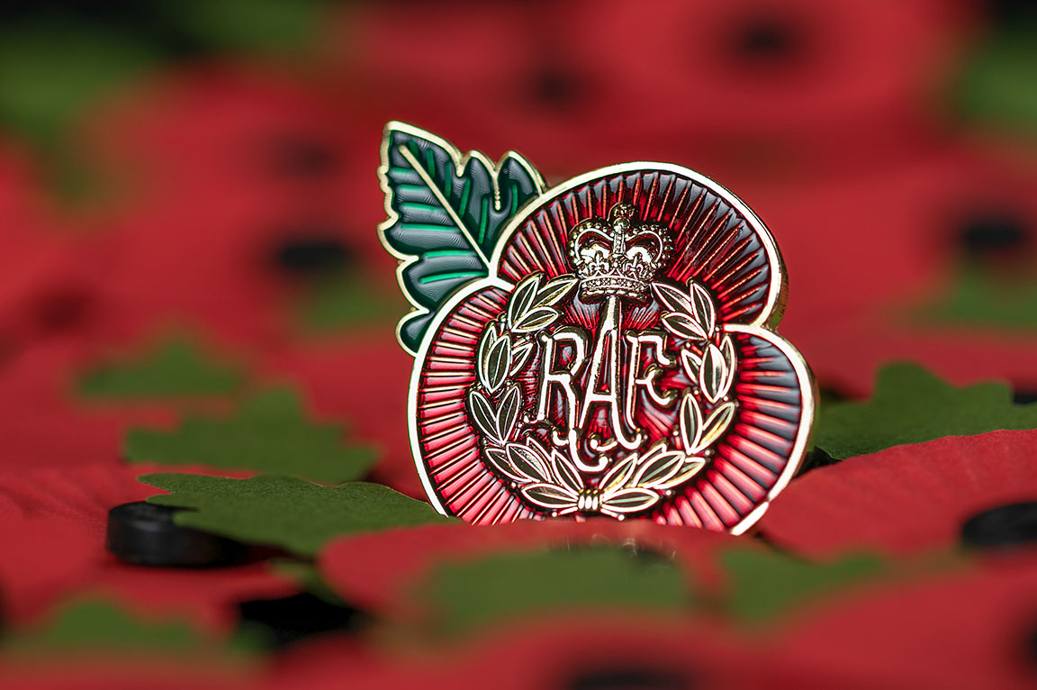 Image shows RAF Remembrance poppy pin badge.